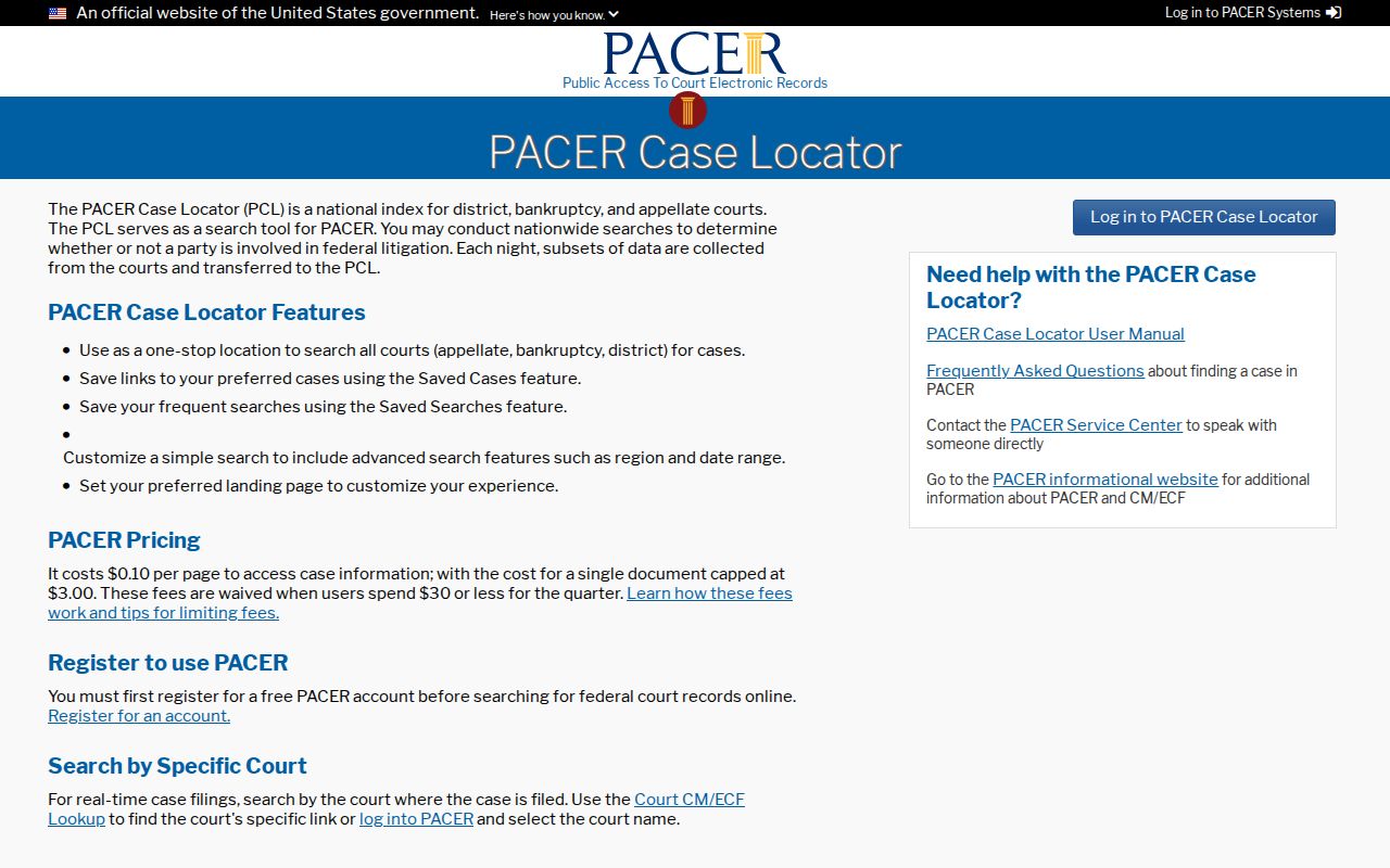 Randolph County docket search federal PACER Case Locator interface