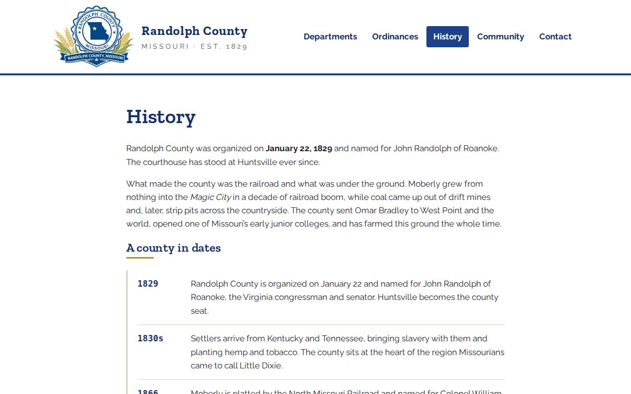 Randolph County court docket history source showing county history information