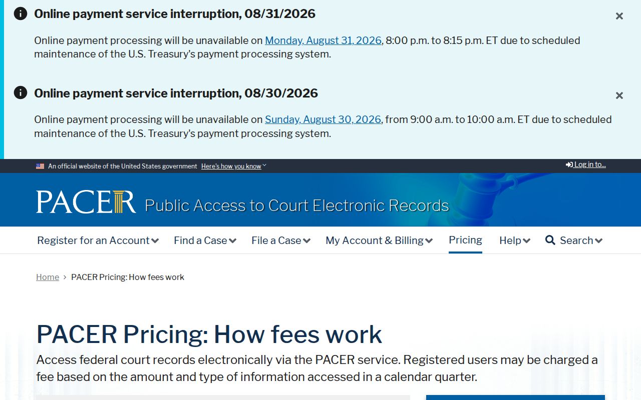 Randolph County court case records PACER federal pricing information